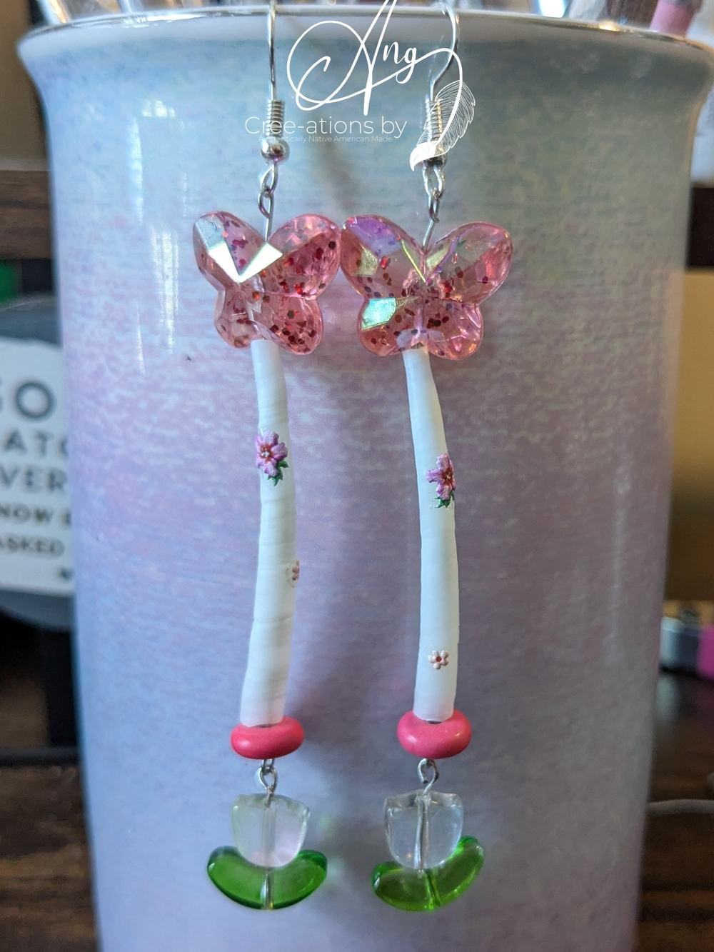 Indigenous Dentalium Shell Crystal Butterfly Drop Earrings